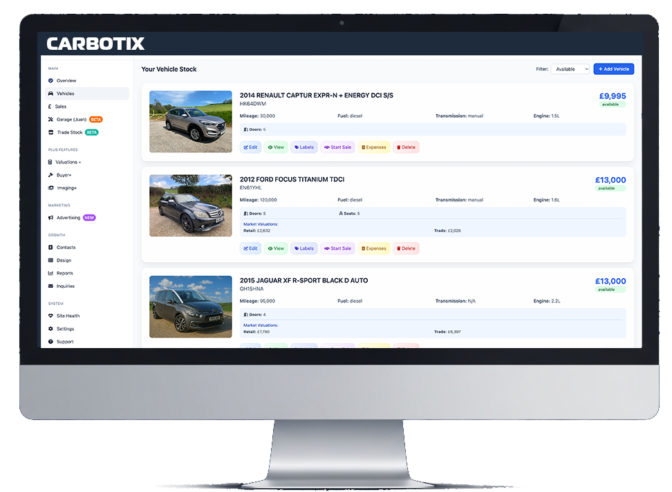 Carbotix Dealership Management Dashboard - Vehicle Stock, Sales, and Marketing Platform Screenshot