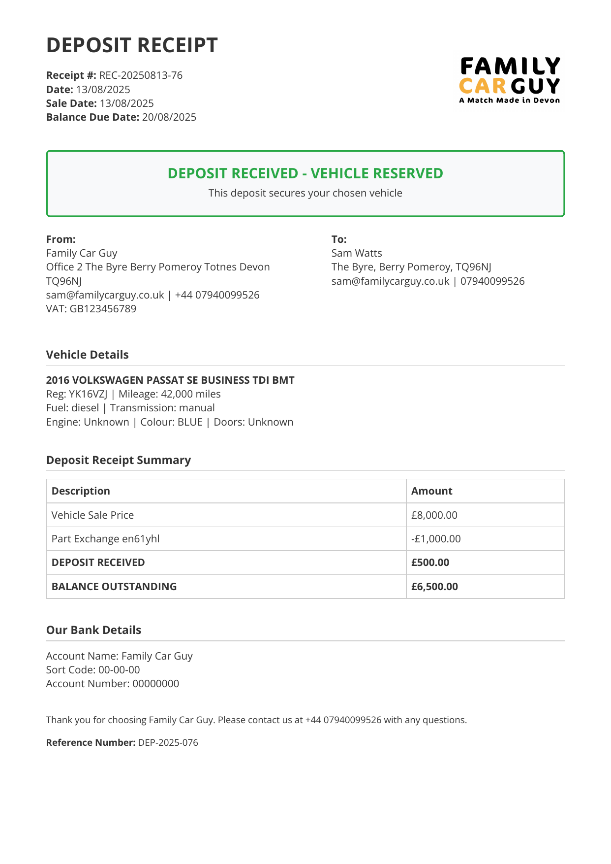 Professional Deposit Receipt Generator - Automated Sales Documentation for Car Dealerships
