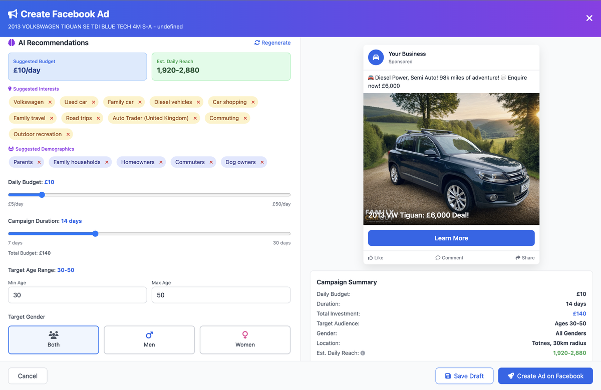 Facebook Advertising Hub - AI-Powered Ad Campaign Builder for Car Dealerships with Targeting and Creative Tools